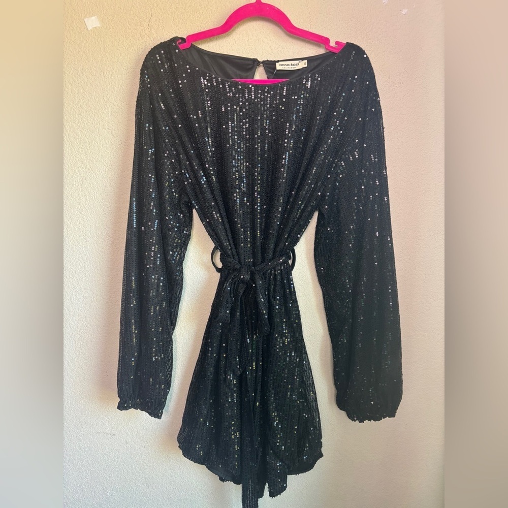 NWT Anna-Kaci Black Sequin Belted Crew Neck Long Sleeve Mini Party Dress XL - Picture 2 of 12